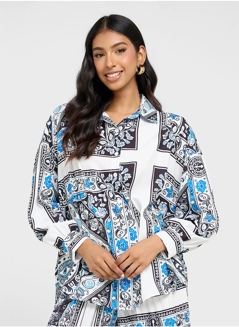 جينجر Patchwork Print Relaxed Shirt & Pant Coord Set