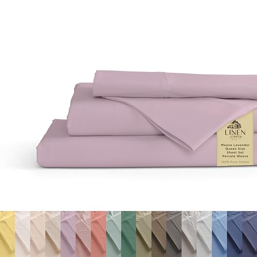 Linen Home 100% Cotton Percale Sheets Queen Size,Mauve Lavender, Deep Pocket, 4 Pieces Set - 1 Flat, 1 Deep Pocket Fitted Sheet and 2 Pillowcases, Crisp Cool and Strong Bed Linen