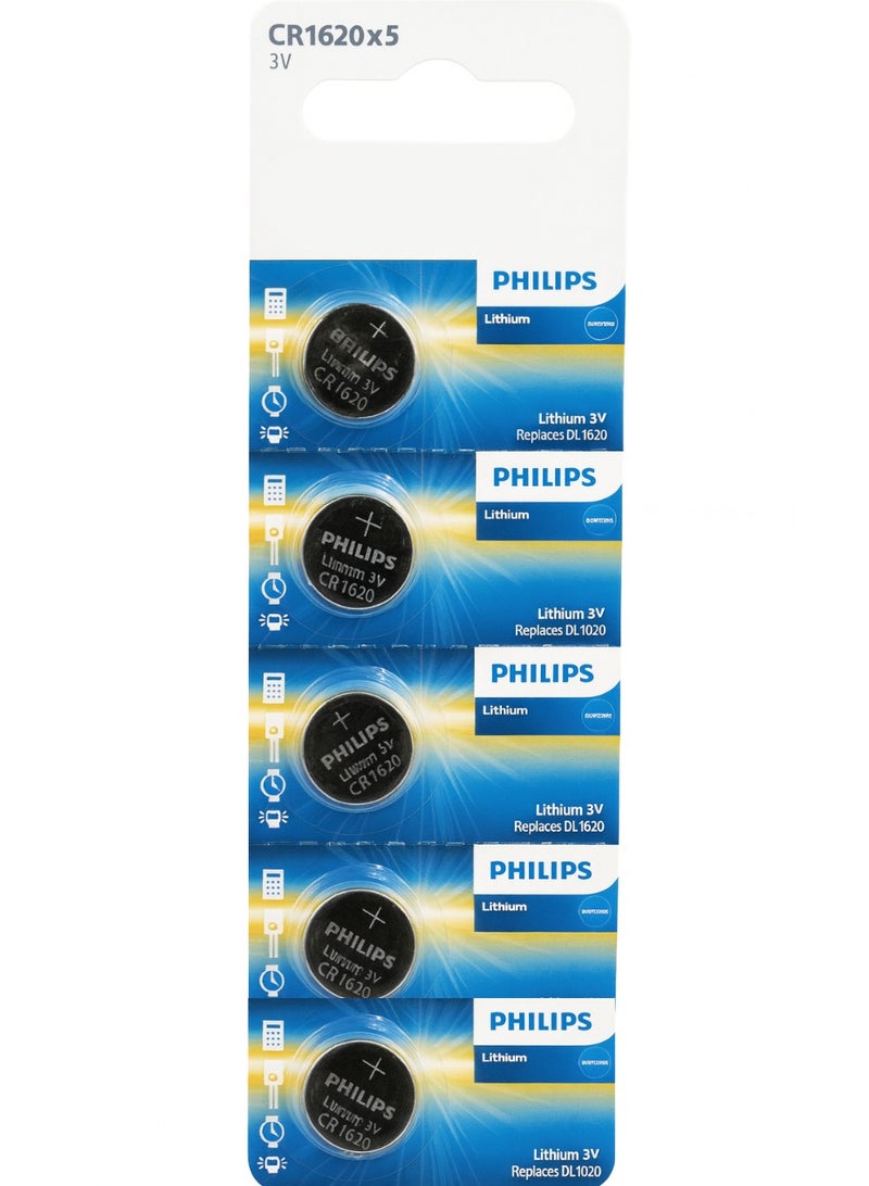 Philips 5 Pcs CR1620 3V Lithium Battery