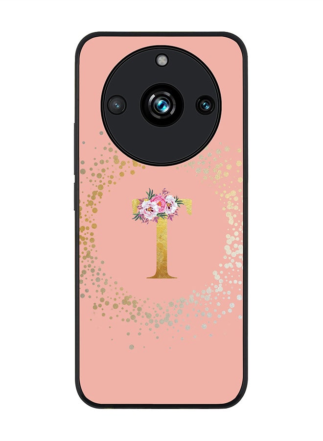 Stylizedd Rugged Black Edge case for Realme 11 Pro/Realme 11 Pro+ Case Cover - Custom Monogram Initial Letter Floral Pattern Alphabet - T (Rose Pink) - Image 1