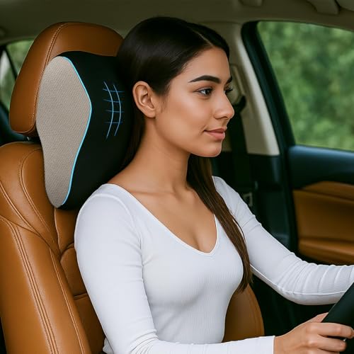 Sleepsia Car Neck Pillow for Head & Cervical Support | 1 Year Warranty | 100% Memory Foam | Ergonomic Car Seat Headrest Cushion – Relieves Neck Pain (Black/Grey) - Image 1