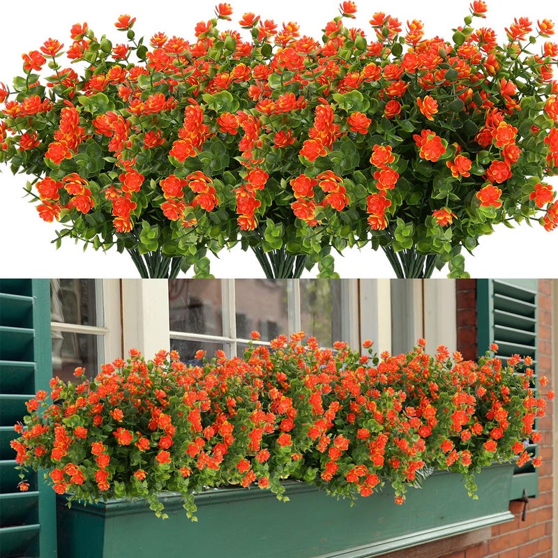 HAPLIA 6 Bundles Artificial Flowers Fake Artificial Greenery UV Resistant No Fade Faux Plastic Plants for Wedding Bridle Bouquet Indoor Outdoor Home Garden Kitchen Office Table Vase Orange Red