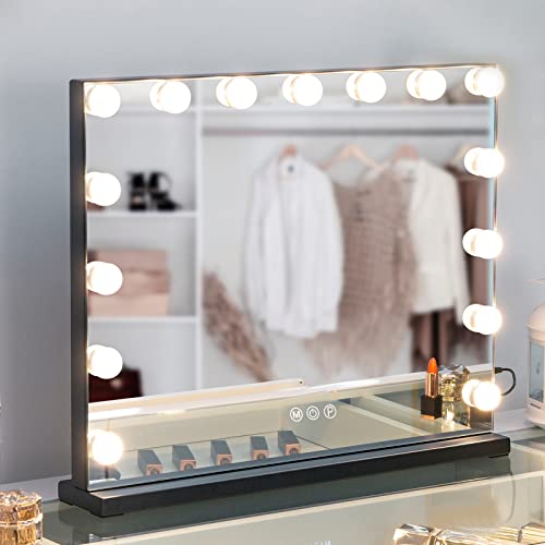 Hansong Black Vanity Mirror with Lights Large Hollywood Vanity Mirror with 15 LED Bulbs Lighted Makeup Mirror 3 Color Lighting Modes for Bedroom - Image 1