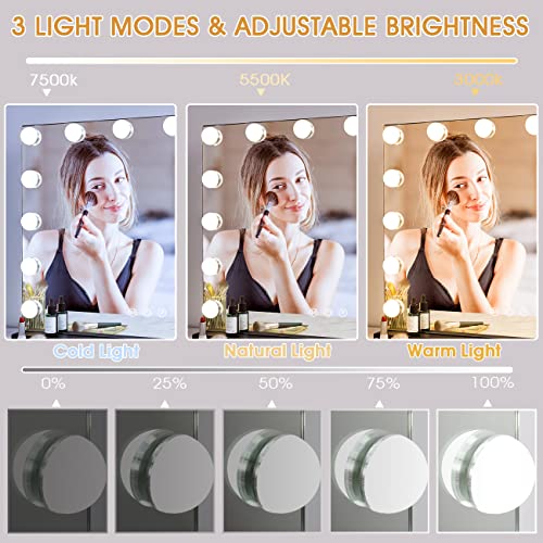 Hansong Black Vanity Mirror with Lights Large Hollywood Vanity Mirror with 15 LED Bulbs Lighted Makeup Mirror 3 Color Lighting Modes for Bedroom - Image 2