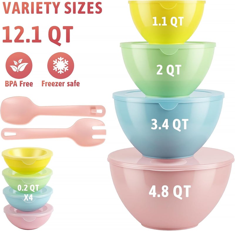 Freshmage 8 Piece Plastic Mixing Bowls with Lids Set - Microwave Safe Kitchen Plastic Bowls for Preparing, Serving and Storing - Dishwasher Safe Large Nesting Mxing Bowl Set Bowls with Mixing Spoon and Fork - Image 4