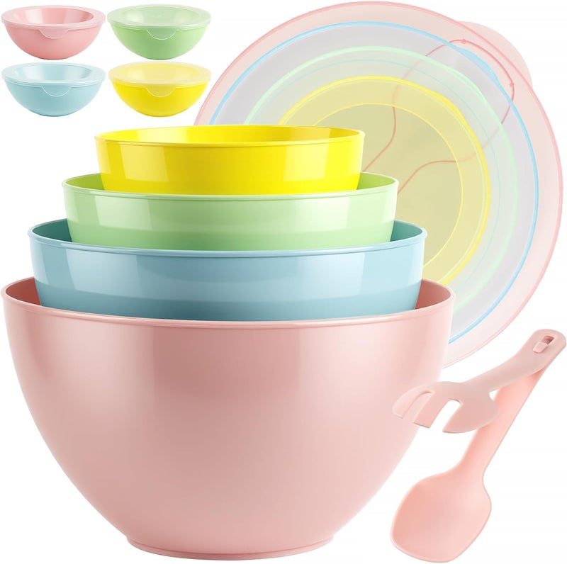 Freshmage 8 Piece Plastic Mixing Bowls with Lids Set - Microwave Safe Kitchen Plastic Bowls for Preparing, Serving and Storing - Dishwasher Safe Large Nesting Mxing Bowl Set Bowls with Mixing Spoon and Fork - Image 1