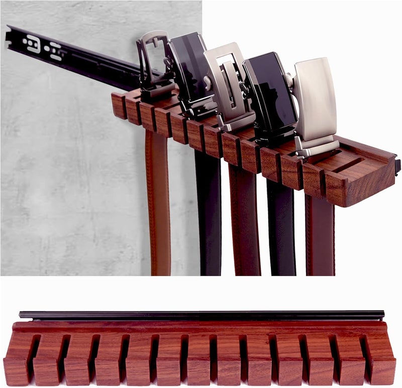 cenleoha Black Walnut Wood Belt Rack with Slide, Belt Hanger for closet, Belt and Tie Storage Organizer, Space Saving Wooden Belt Holder, Gift Idea for Husband and Father’s Day - Image 1