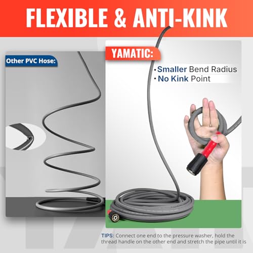 YAMATIC خرطوم غسيل ضغط ياماتيك فائق المرونة 50 قدم 1/4"، بديل خرطوم غسيل مقاوم للانحناء لمرشات فليكسزيلا وأوبر فليكس وريوبي وجينيراك وتروي بيلت مع وصلات M22 خالية من التسرب، 3200 PSI، رمادي - Image 2