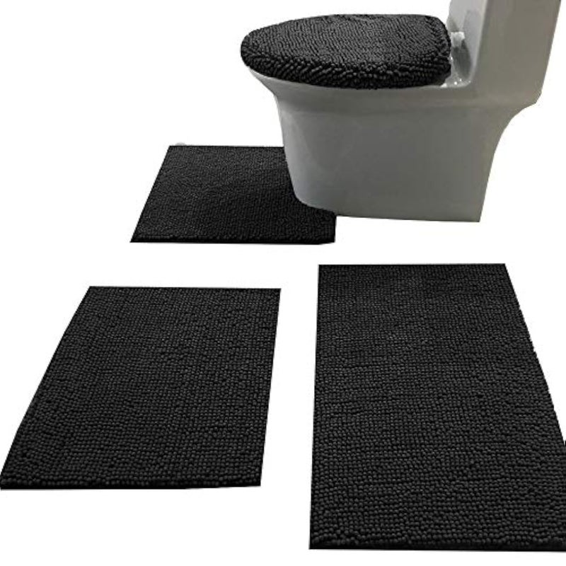 Madeals Chenille Bath Rug Set 4 Piece with Toilet Lid Cover and Rug Set Combo Soft Shaggy Bath Rug Set 3 Piece and UShaped Toilet Floor Rug Black