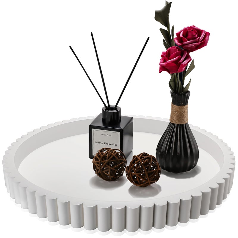 KULEDM Handmade 12in Decorative Tray for Coffee Table Tray Decor, White Wooden Decorative Round Tray for Home Decor,Living Room Decor, Coffee Table Decor or Centerpiece Tray - Image 1