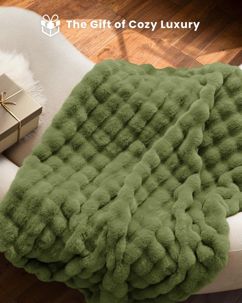 blunique Ultra Soft Cozy Faux Fur Throw Blanket, Fuzzy Plush Thick Bubble Blanket, Oversize Luxury Fluffy Blanket for Couch, Sofa, Bedroom, and Living Room,50x60 Inches,Green - Image 4