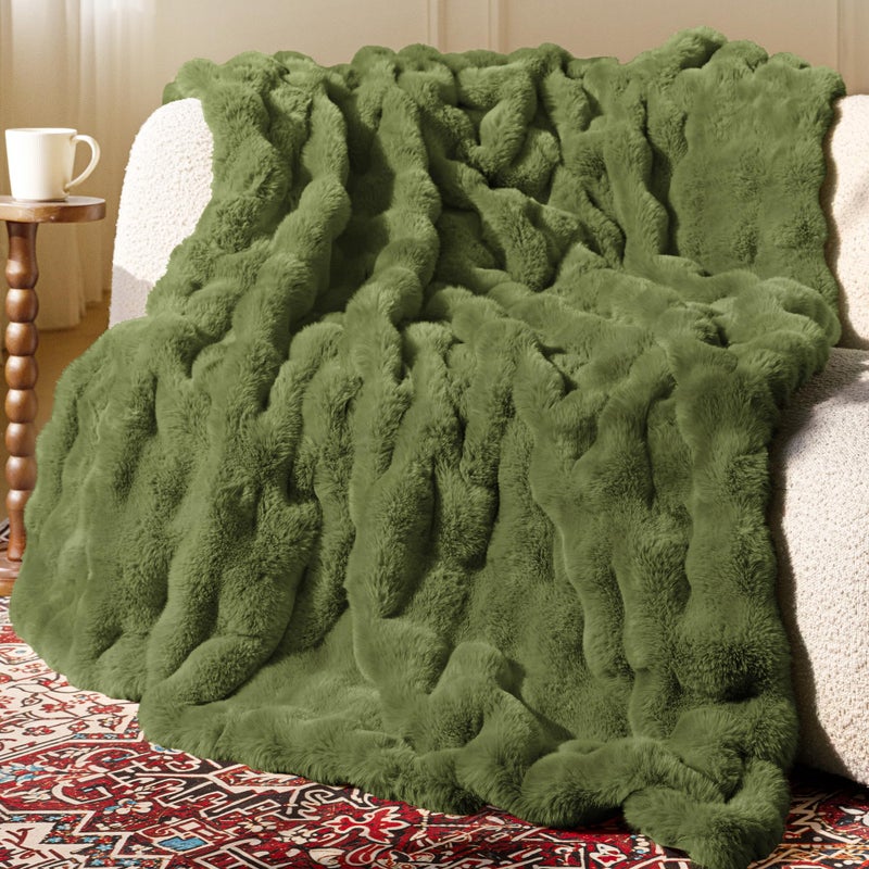 blunique Ultra Soft Cozy Faux Fur Throw Blanket, Fuzzy Plush Thick Bubble Blanket, Oversize Luxury Fluffy Blanket for Couch, Sofa, Bedroom, and Living Room,50x60 Inches,Green - Image 1