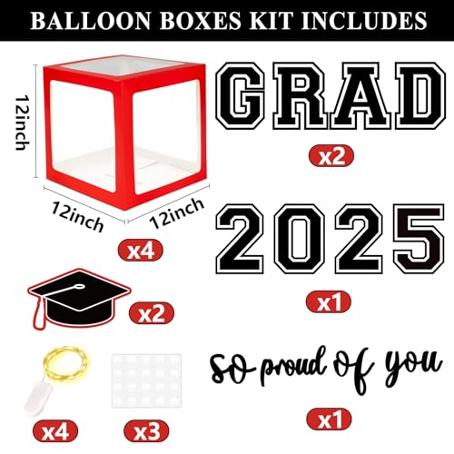 DAZONGE Graduation Decorations 2025, Set of 4 Red Grad Balloon Boxes with 139pcs Balloon Arch Garland Kit & 4 Light Strings - So Proud of You 2025 Graduation Decorations for Any Grades - Image 3