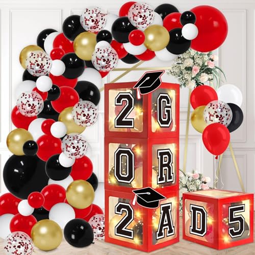 DAZONGE Graduation Decorations 2025, Set of 4 Red Grad Balloon Boxes with 139pcs Balloon Arch Garland Kit & 4 Light Strings - So Proud of You 2025 Graduation Decorations for Any Grades - Image 1