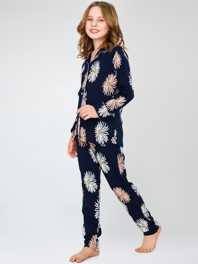 ZEYO Night Suit for Girl's Navy Blue Floral Printed Cotton Night Dress of Shirt and Pajama Set 5538 - Image 4