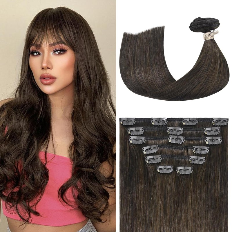 Aison Medium Brown Clip in Hair Extensions Real Human Hair 70G 100% Chocolate Brown 15 Inches Remy Human Hair Extensions Clip in Soft Silky Straight 7pcs 16clips Brown Hair Extensions