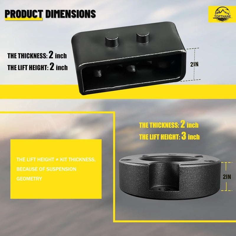 TOPTHANE Leveling Lift Kit for 2004-2020 Ford F150, 3'' Front Struct Spacers + 2'' Rear Leveling Lift Blocks Kit with Extended Square U-Bolts for Ford F150 - Image 2