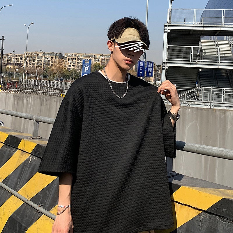 Short-sleeved T-shirt Men's Trendy Summer Couple's Seven-sleeve Loose 2023 New Trendy Internet Popular ins Super Popular Design Sense - Image 1
