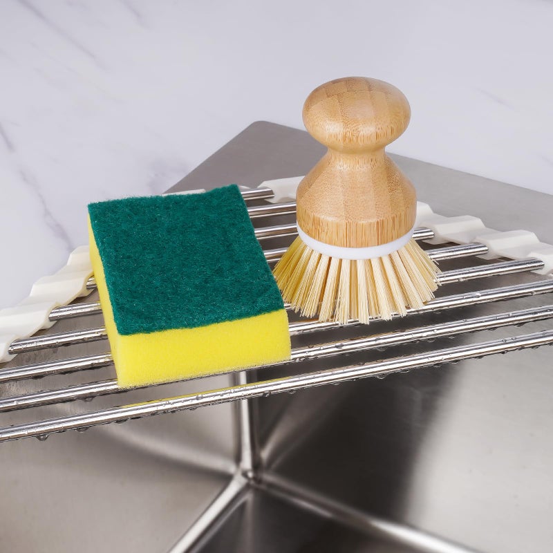 Tomorotec Triangle Roll-Up Dish Drying Rack Sink Corner Small Foldable Stainless Steel Over The Sink Multipurpose Kitchen Drainer Caddy Organizer Storage Shelf Holder (Coconut Milk White) - Image 2