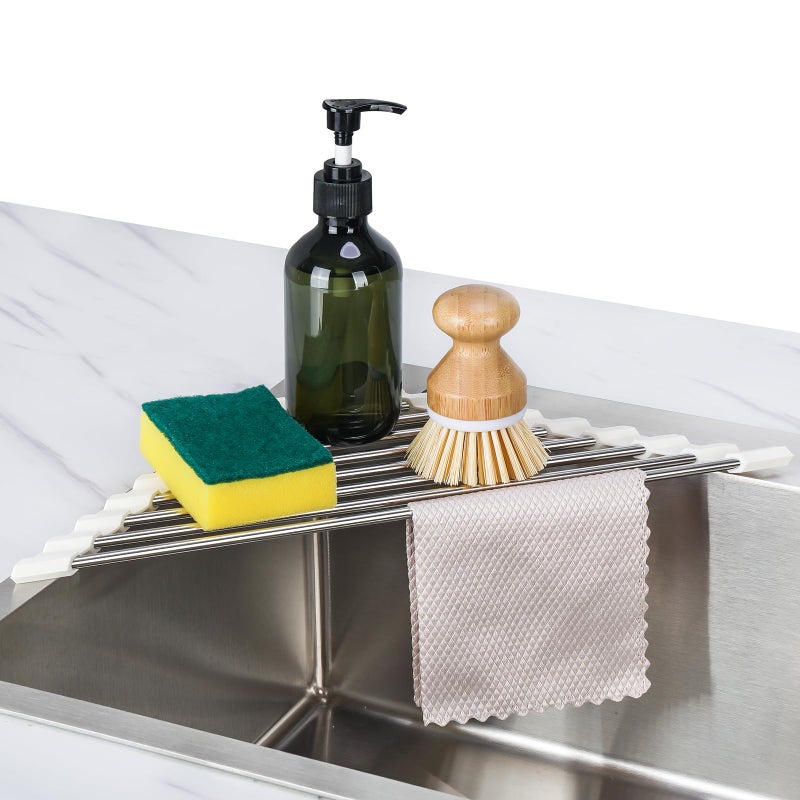 Tomorotec Triangle Roll-Up Dish Drying Rack Sink Corner Small Foldable Stainless Steel Over The Sink Multipurpose Kitchen Drainer Caddy Organizer Storage Shelf Holder (Coconut Milk White) - Image 1