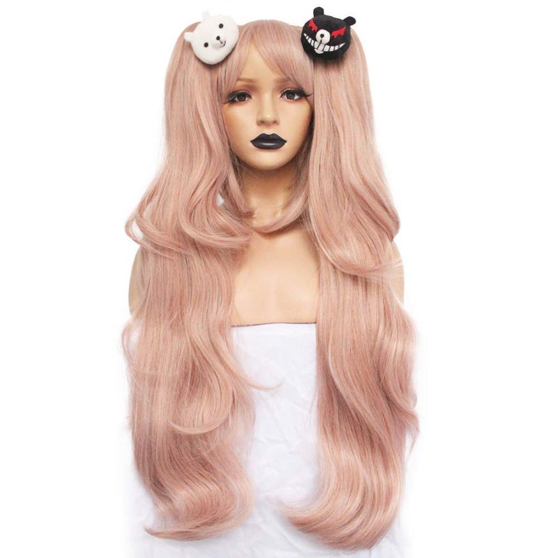 Anogol Hair Cap+Light Pink Cosplay Wig Long Synthetic Wig for Women Girls Pink Lolita Wavy Pigtails Wigs with 2 Bear Hair Clips for Costume Party Halloween Wigs Ponytail for Christmas - Image 2