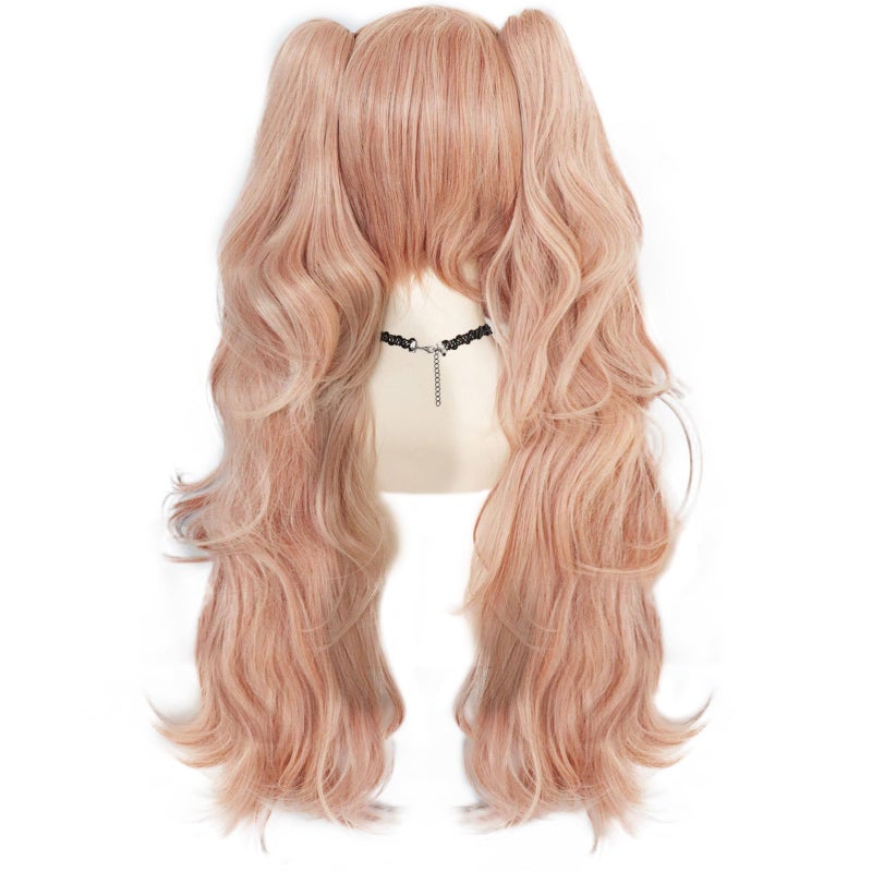 Anogol Hair Cap+Light Pink Cosplay Wig Long Synthetic Wig for Women Girls Pink Lolita Wavy Pigtails Wigs with 2 Bear Hair Clips for Costume Party Halloween Wigs Ponytail for Christmas - Image 3