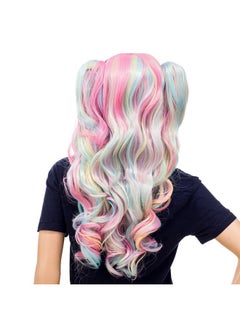 SWACC SWACC Long Curly Double Claw Clip on Ponytail Wig Synthetic Pastel Colorful Cosplay Daily Party Wig for Women with Wig Cap (Multi-Color Pink/Blue/Blonde-3)  - Image 2