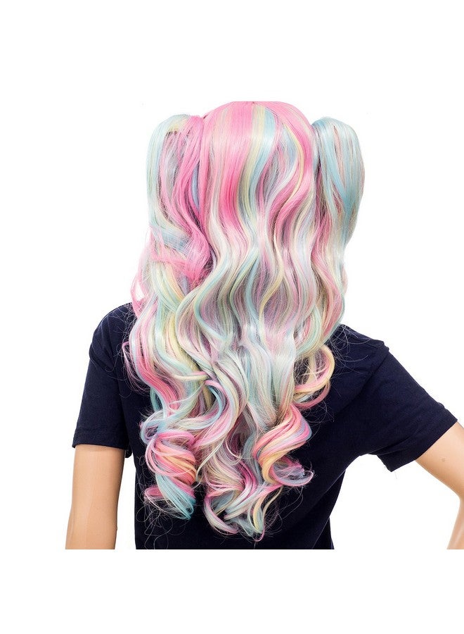 SWACC Long Curly Double Claw Clip on Ponytail Wig Synthetic Pastel Colorful Cosplay Daily Party Wig for Women with Wig Cap (Multi-Color Pink/Blue/Blonde-3) - Image 2