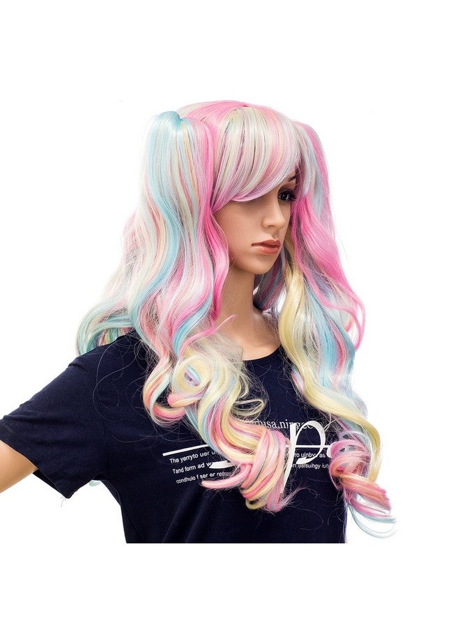 SWACC Long Curly Double Claw Clip on Ponytail Wig Synthetic Pastel Colorful Cosplay Daily Party Wig for Women with Wig Cap (Multi-Color Pink/Blue/Blonde-3) - Image 5
