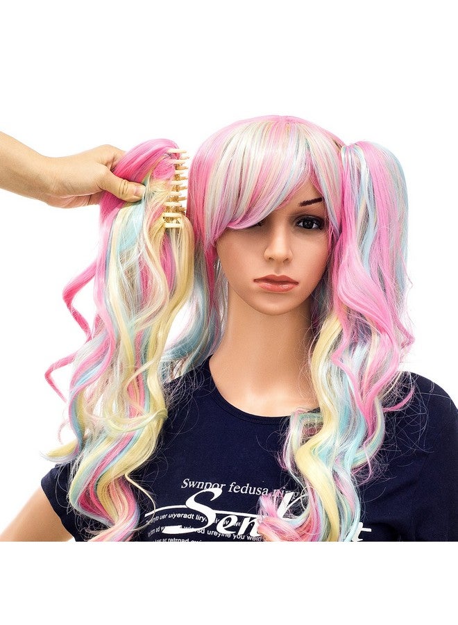 SWACC Long Curly Double Claw Clip on Ponytail Wig Synthetic Pastel Colorful Cosplay Daily Party Wig for Women with Wig Cap (Multi-Color Pink/Blue/Blonde-3) - Image 3