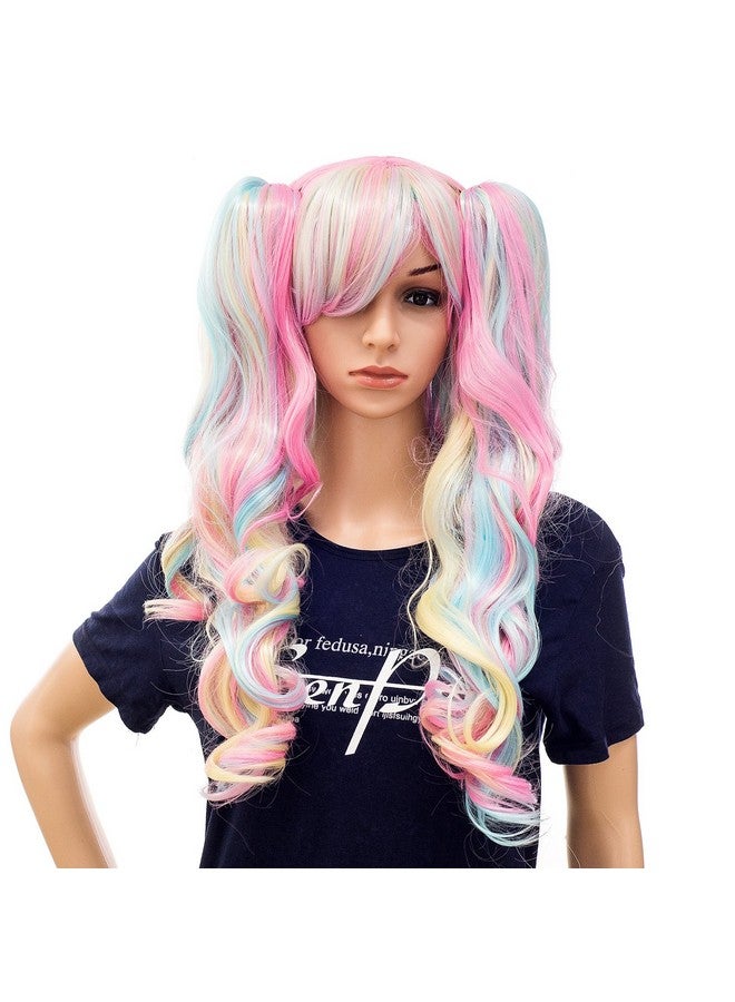 SWACC Long Curly Double Claw Clip on Ponytail Wig Synthetic Pastel Colorful Cosplay Daily Party Wig for Women with Wig Cap (Multi-Color Pink/Blue/Blonde-3) - Image 1