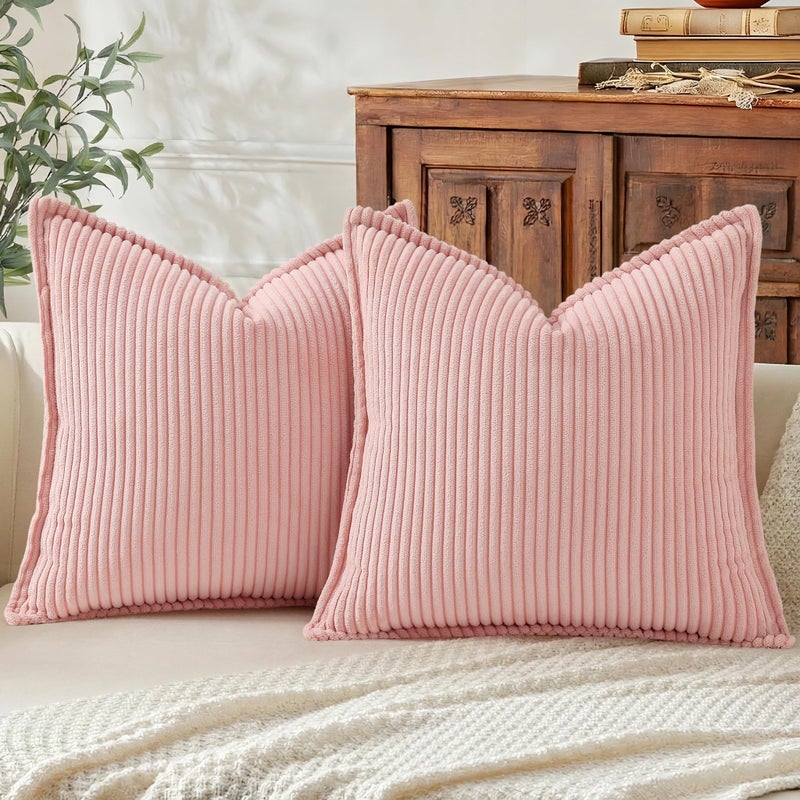 Mecatny Corduroy Pillow Covers 18x18 Inch Set of 2, Striped Decorative Square Spring Throw Pillow Covers with Wide Border for Couch Living Room Bed, Pink - Image 1