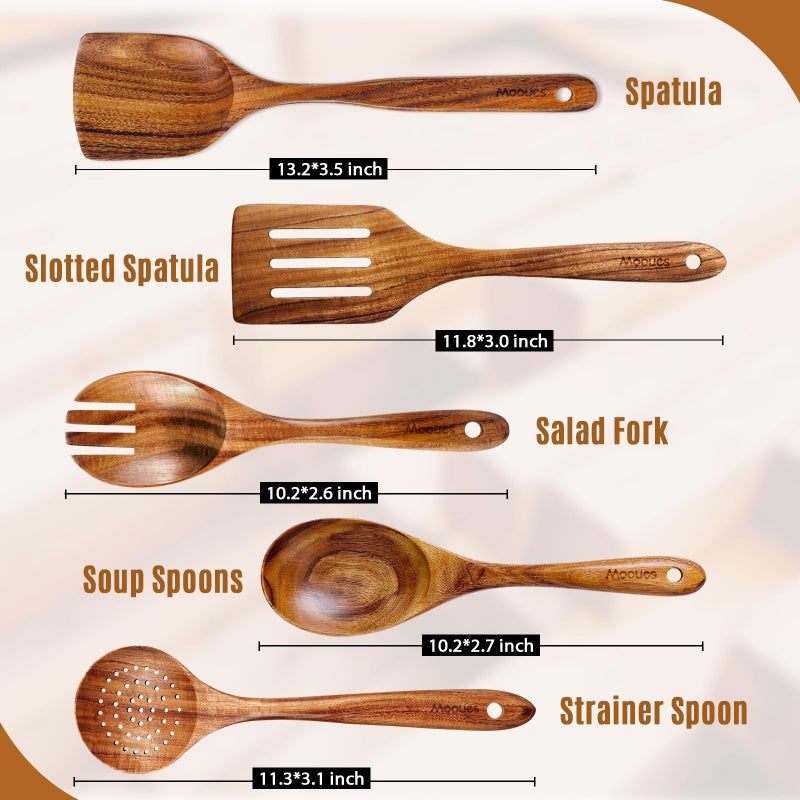 Mooues Wooden Spoons for Cooking, Wooden Utensils for Cooking Natural Teak Wooden Kitchen Utensils Set Comfort Grip(5 PCS SET) - Image 5