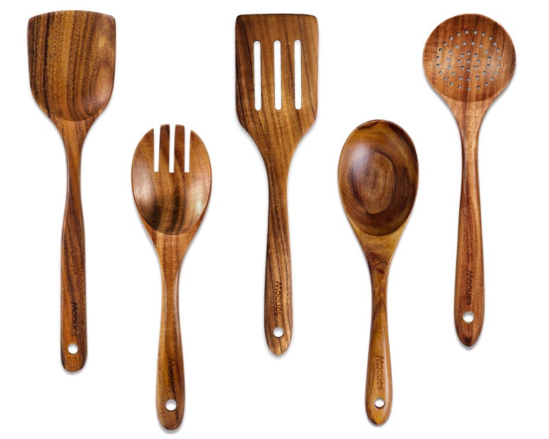 Mooues Wooden Spoons for Cooking, Wooden Utensils for Cooking Natural Teak Wooden Kitchen Utensils Set Comfort Grip(5 PCS SET) - Image 1