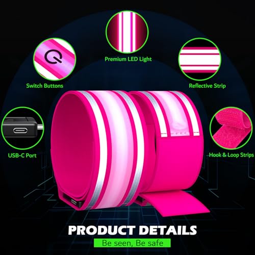 Hoeraonr LED Armband Rechargeable for Running(2 Pack),Light Up Arm Bands for Night Walking,Running Lights for Runners,High Visibility Reflective Running Gearr for Night Safety Light Up Wristbands (Pink) - Image 4
