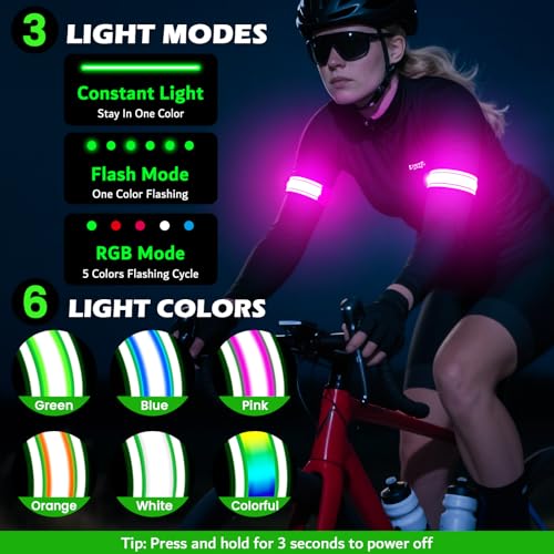 Hoeraonr LED Armband Rechargeable for Running(2 Pack),Light Up Arm Bands for Night Walking,Running Lights for Runners,High Visibility Reflective Running Gearr for Night Safety Light Up Wristbands (Pink) - Image 3