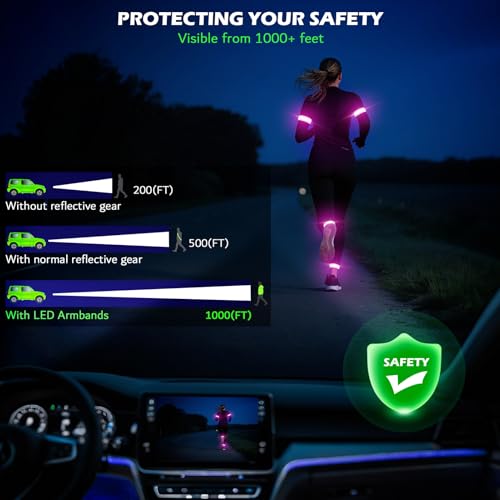 Hoeraonr LED Armband Rechargeable for Running(2 Pack),Light Up Arm Bands for Night Walking,Running Lights for Runners,High Visibility Reflective Running Gearr for Night Safety Light Up Wristbands (Pink) - Image 2