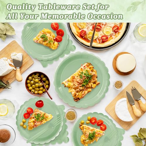 Mulbozy 75 Sage Green Paper Plates and Napkins Disposable Set Includes Dessert Cake Scalloped Plates, Cocktail Napkins, Forks for for Holiday Party Supplies - Image 3