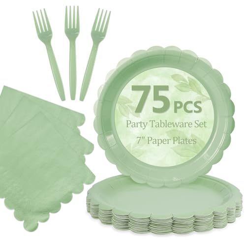 Mulbozy 75 Sage Green Paper Plates and Napkins Disposable Set Includes Dessert Cake Scalloped Plates, Cocktail Napkins, Forks for for Holiday Party Supplies - Image 1