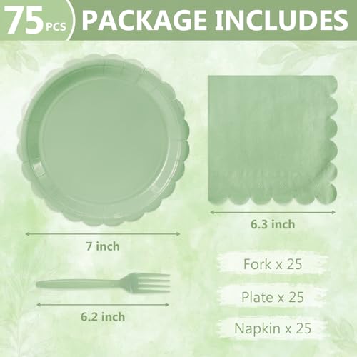 Mulbozy 75 Sage Green Paper Plates and Napkins Disposable Set Includes Dessert Cake Scalloped Plates, Cocktail Napkins, Forks for for Holiday Party Supplies - Image 2