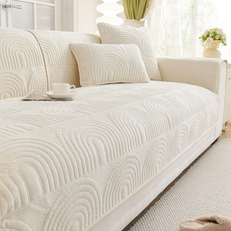 vctops Velvet Plush Couch Sofa Cover Geometric Quilted Sectional Couch Covers Non Slip Fluffy Soft Sofa Slipcover for Dogs, Children, Pets Furniture Protector (Cream,28"x28") - Image 1