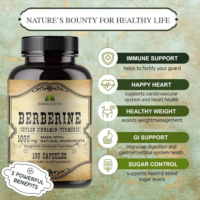 HERBALICIOUS Berberine Capsules Ceylon Cinnamon & Turmeric - HCL Dietary Supplement for Men and Women – Non GMO Berberine 500 mg per Capsule – Ideal for Immune Support - Image 5