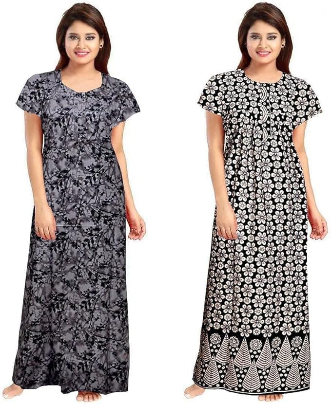 Vlazom Women’s Cotton Printed Maxi Nighty – Ankle Length Night Dress Gown, Pack of 2, Free Size – Soft & Breathable Sleepwear (Grey,Black, Free Size) - Image 3