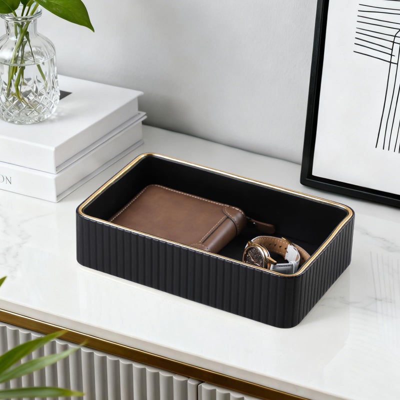 MEIBOOCH Desk Organizer Tray, PU Leather Valet Tray Nightstand Organizer Cologne Perfume Trays for Men Women, Decorative Vanity Trays Key Bowl Trinket Dish (1, Black, Small) - Image 2