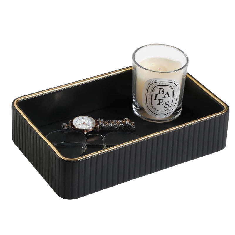 MEIBOOCH Desk Organizer Tray, PU Leather Valet Tray Nightstand Organizer Cologne Perfume Trays for Men Women, Decorative Vanity Trays Key Bowl Trinket Dish (1, Black, Small) - Image 1
