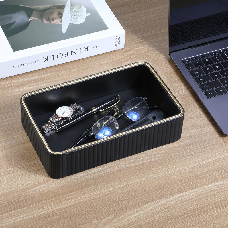 MEIBOOCH Desk Organizer Tray, PU Leather Valet Tray Nightstand Organizer Cologne Perfume Trays for Men Women, Decorative Vanity Trays Key Bowl Trinket Dish (1, Black, Small) - Image 3