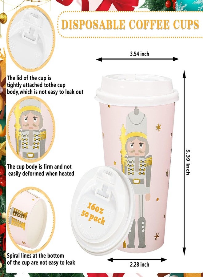 JarThenaAMCS 50Pcs Christmas Coffee Cups with Lids 16oz Gold Foil Pink Nutcracker Paper Cup Disposable To Go Coffee Cups for Winter Holiday Cafes Shops Cappuccino Chocolate Beverage Cocoa - Image 2