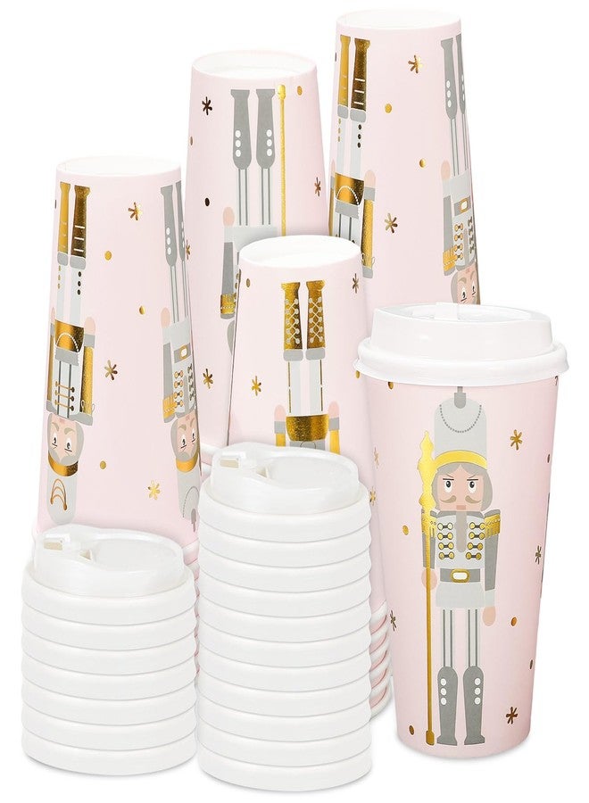 JarThenaAMCS 50Pcs Christmas Coffee Cups with Lids 16oz Gold Foil Pink Nutcracker Paper Cup Disposable To Go Coffee Cups for Winter Holiday Cafes Shops Cappuccino Chocolate Beverage Cocoa - Image 1
