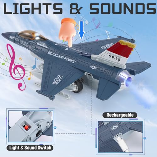 Crelloci Diecast Metal Alloy Fighter Jet Military Airplane Toy with Mist Spray Lights Sounds Pull Back Function Army Air Force Aircraft for Kids Toddlers Ages 3 Gift for Boys Girls Blue - Image 5