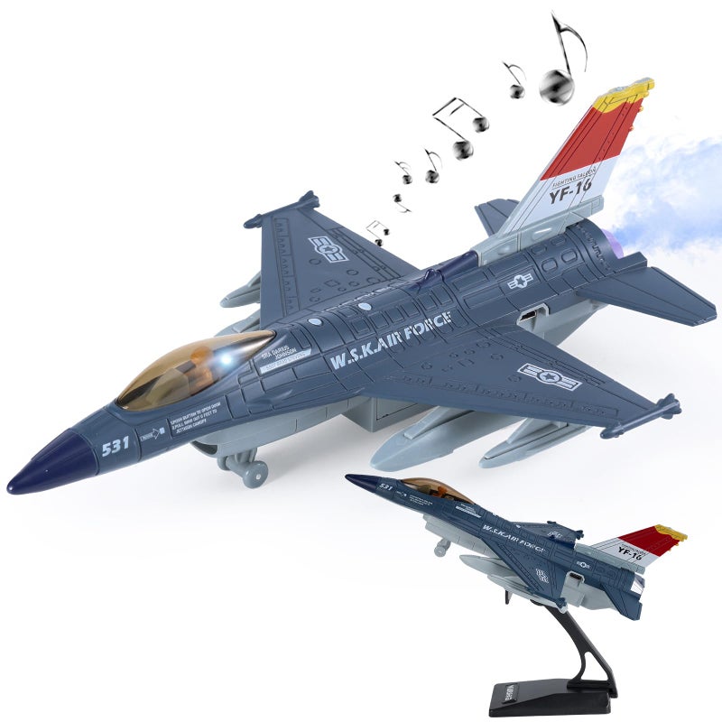 Crelloci Diecast Metal Alloy Fighter Jet Military Airplane Toy with Mist Spray Lights Sounds Pull Back Function Army Air Force Aircraft for Kids Toddlers Ages 3 Gift for Boys Girls Blue - Image 3
